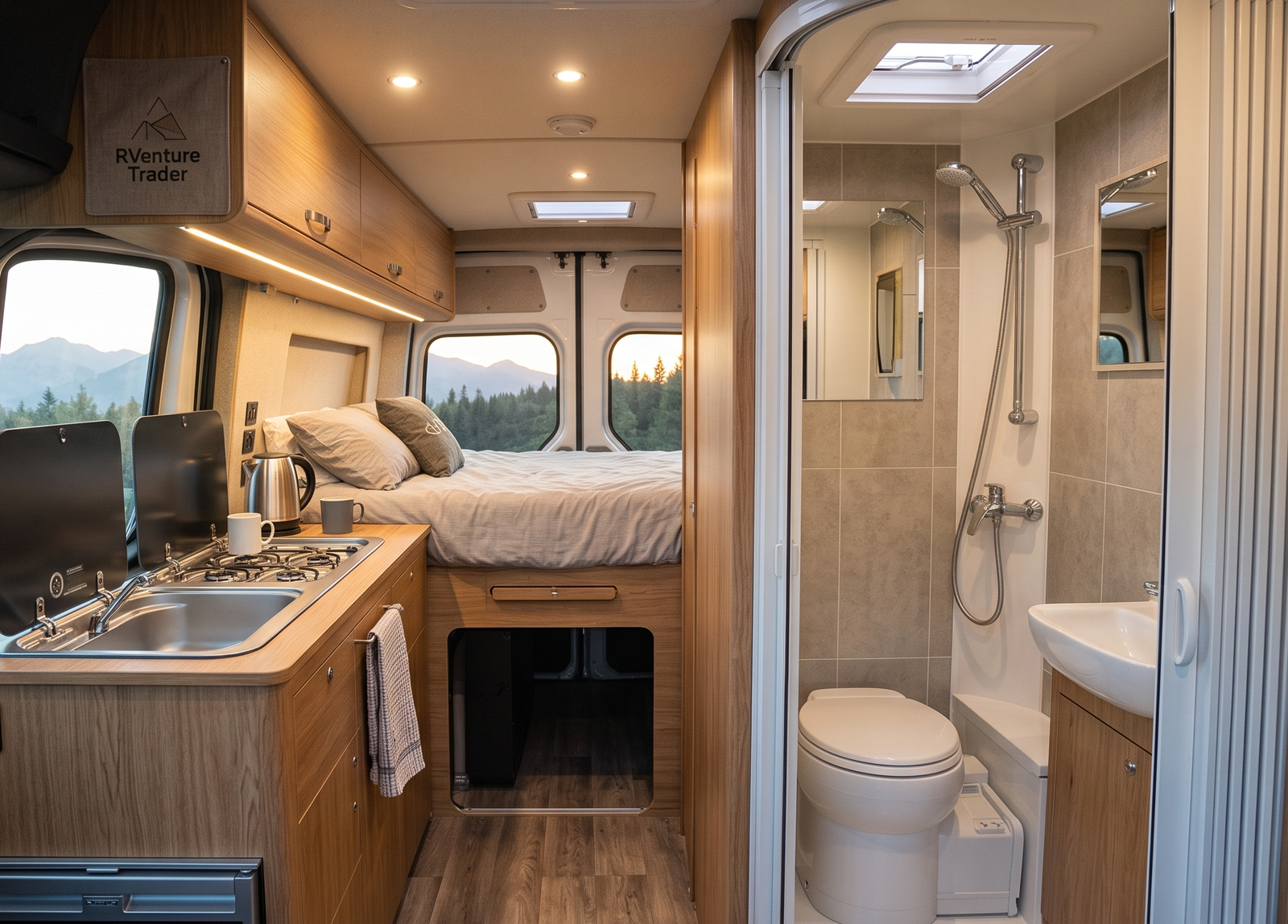 Camper van with shower configurations including wet bath and separate stall