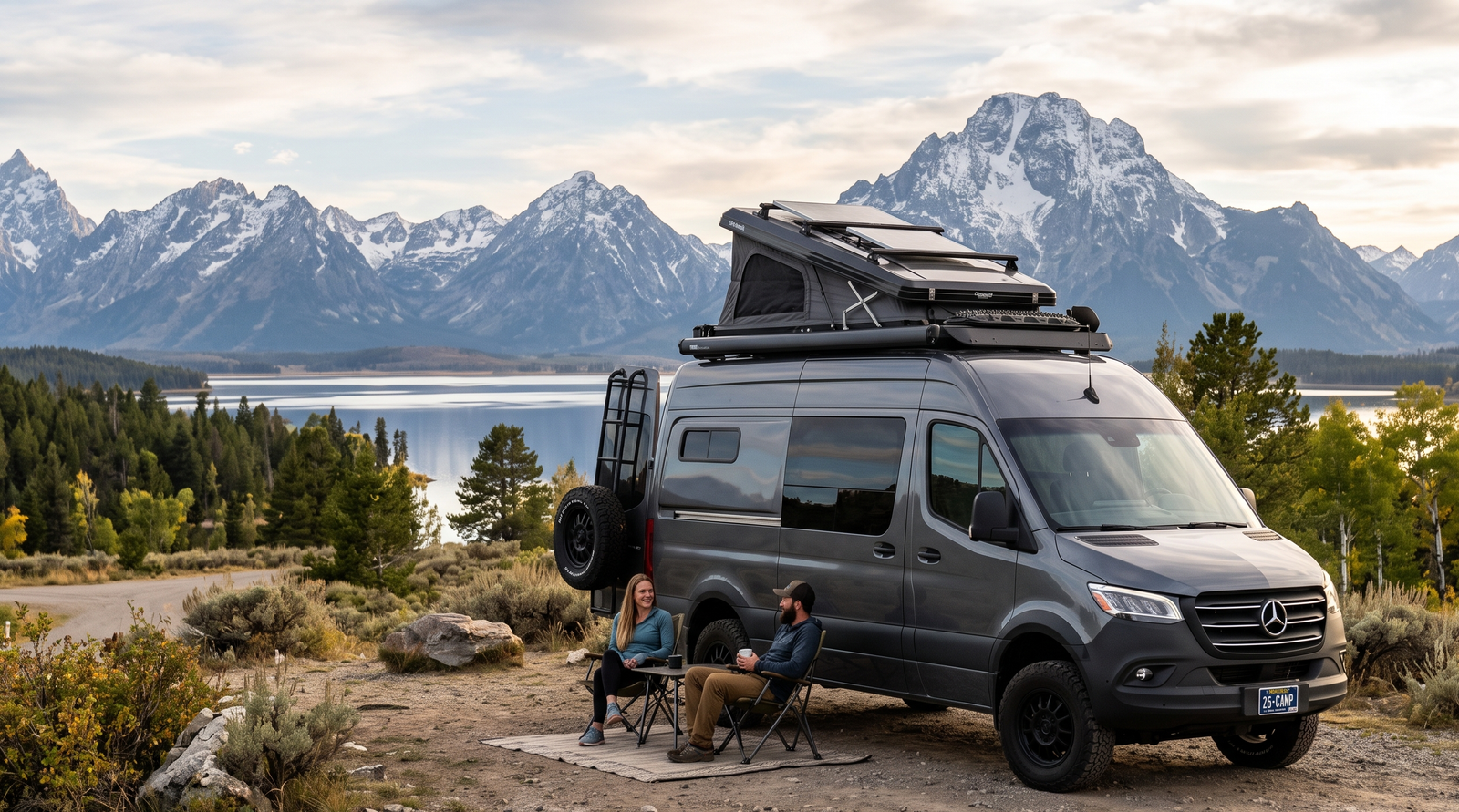 A couple camping in Mercedes campervan