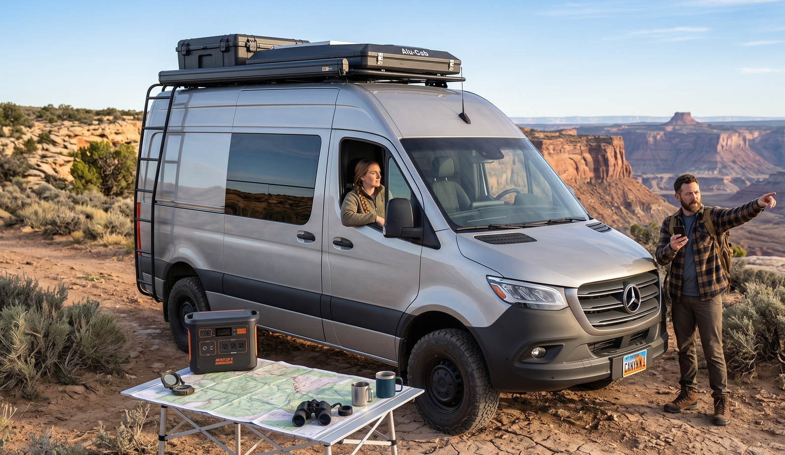 A couple camping in Mercedes campervan