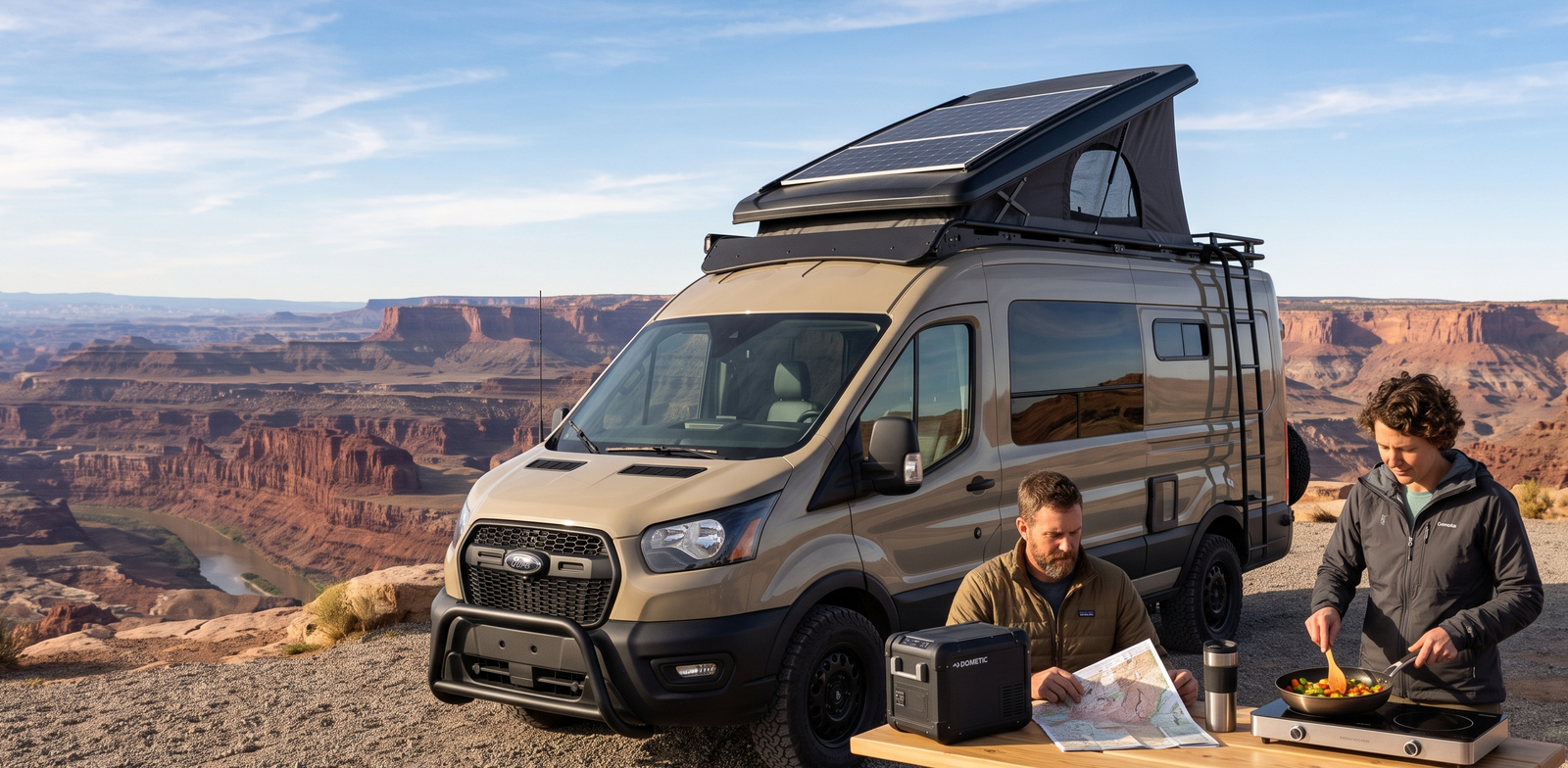 A couple camping in Ford transit campervan