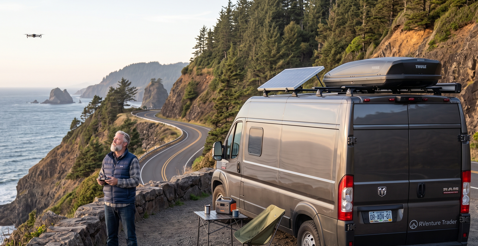 a man flying drone inside of a camper van