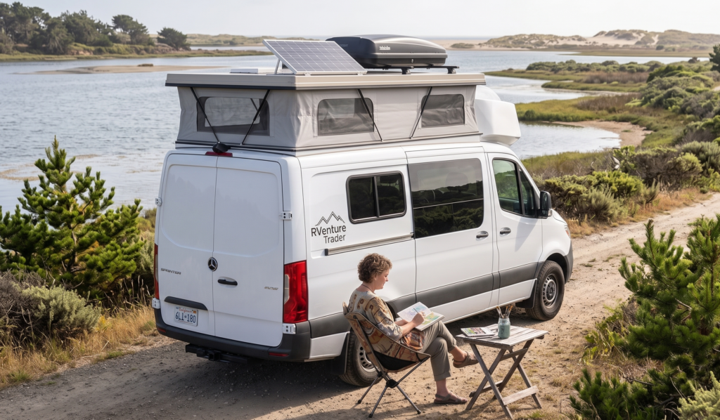 a woman camping in camper van