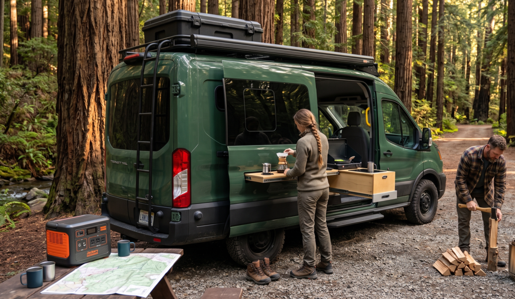 A couple camping in Ford transit campervan