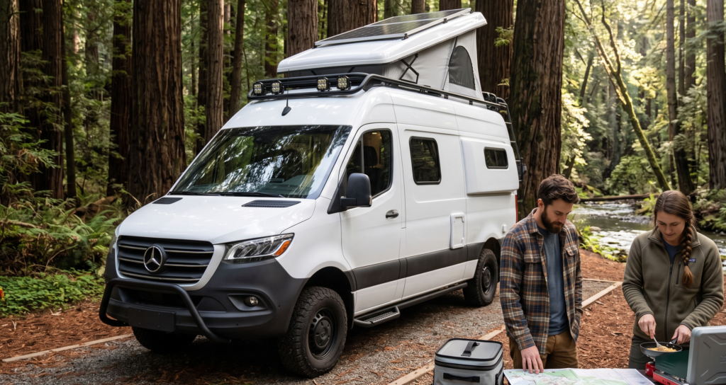 A couple camping in Mercedes campervan