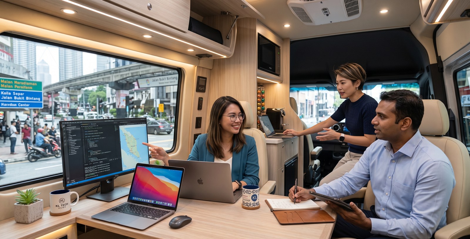 Mobile office van interior with a fixed ergonomic desk and dual monitors
