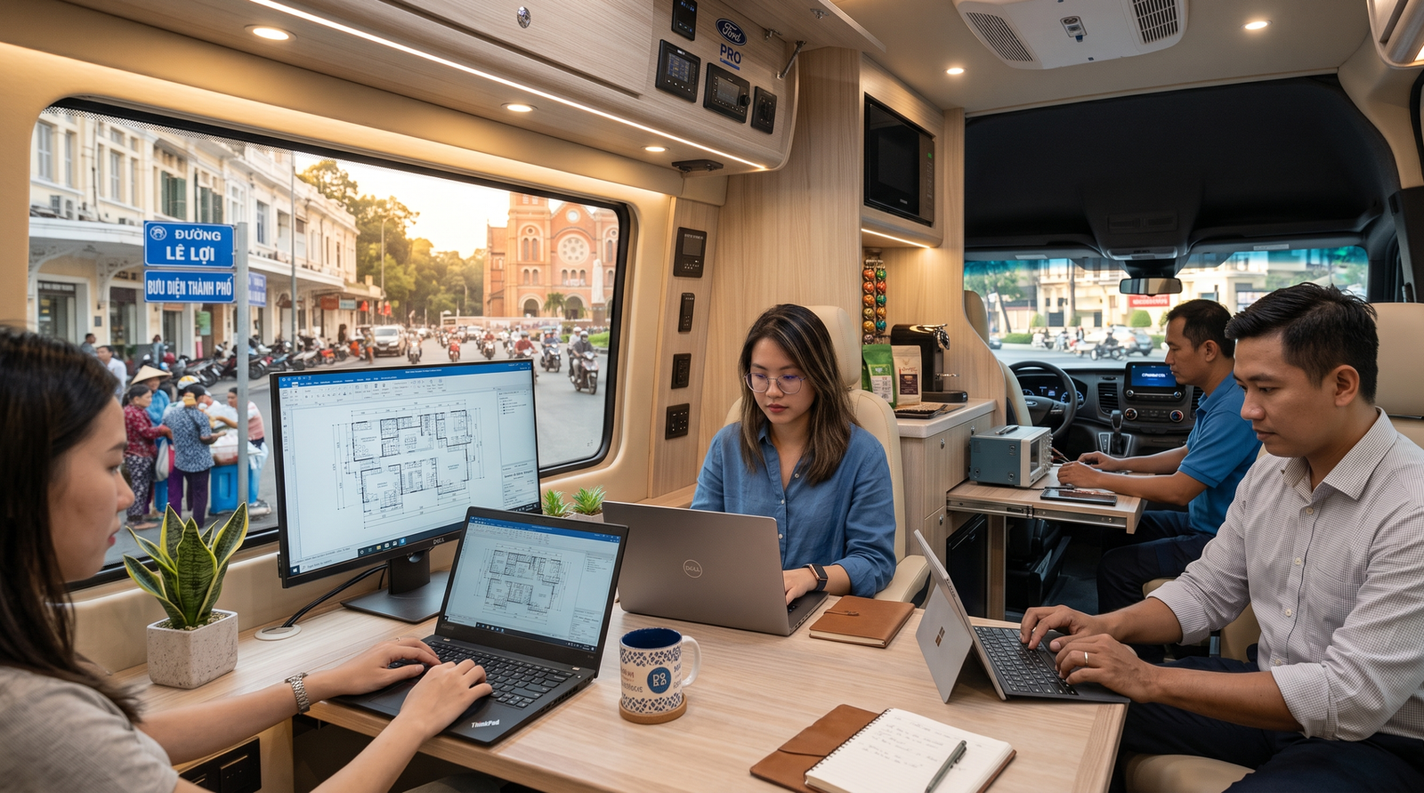 Mobile office van interior with a dedicated desk, power system, and ergonomic work setup