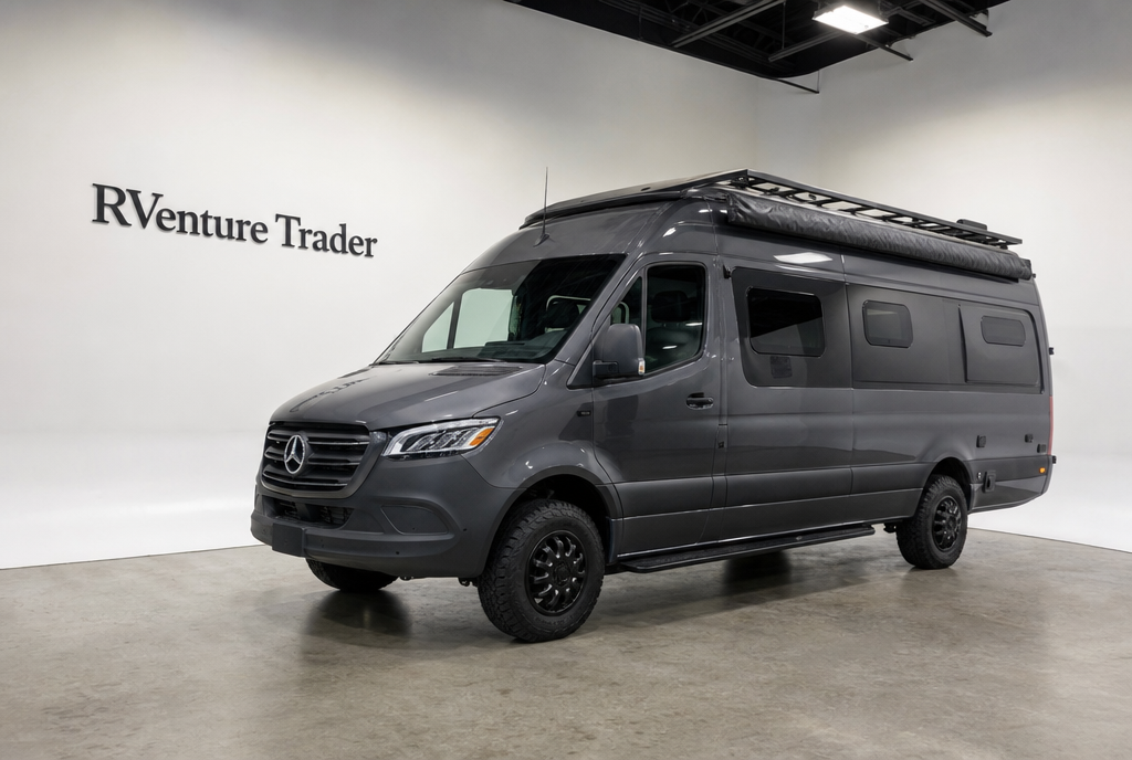 Mercedes-Benz Sprinter camper van displayed inside a premium indoor photography studio.