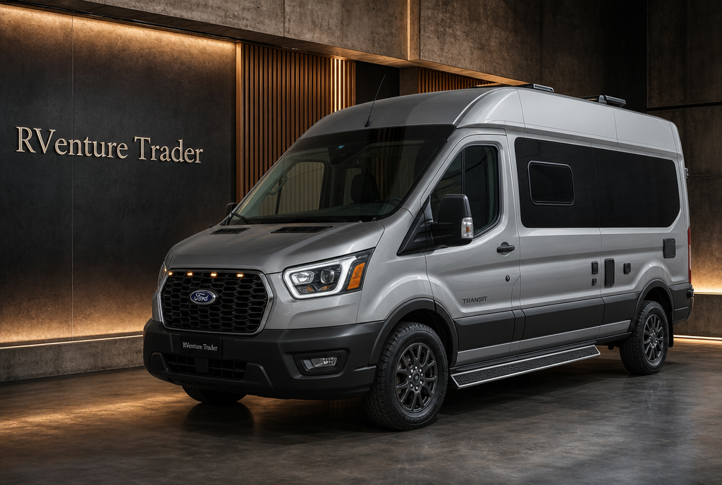 Ford Transit camper van displayed inside a premium indoor photography studio.