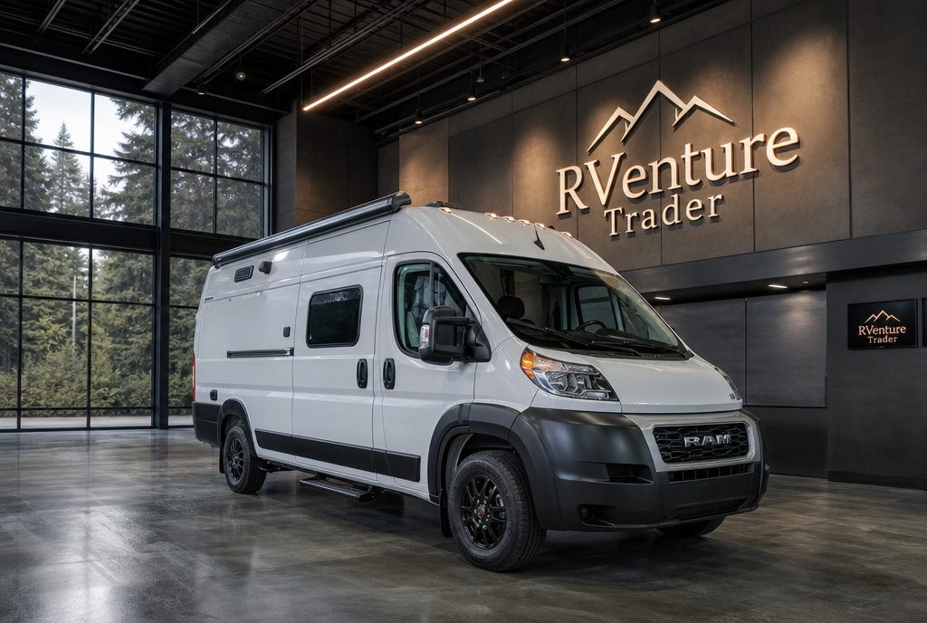 Ram ProMaster camper van displayed inside a premium indoor photography studio.