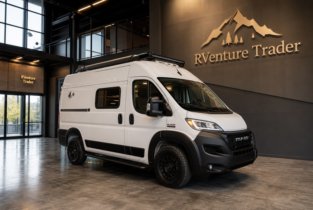 Ram ProMaster camper van displayed inside a premium indoor photography studio.