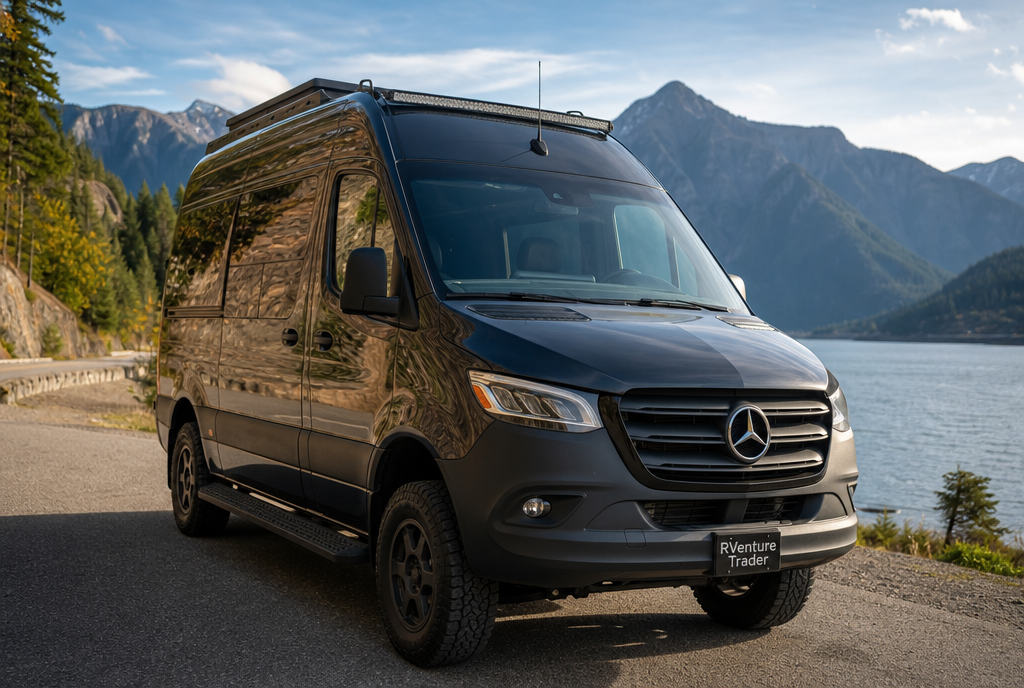 Mercedes-Benz Sprinter camper van parked at a scenic real-world location in the United States.