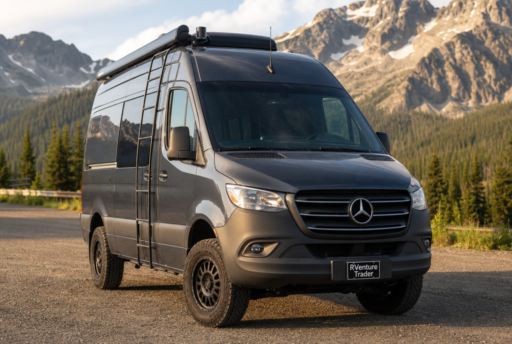 Sprinter camper van layout with fixed rear bed, galley kitchen and swivel seats
