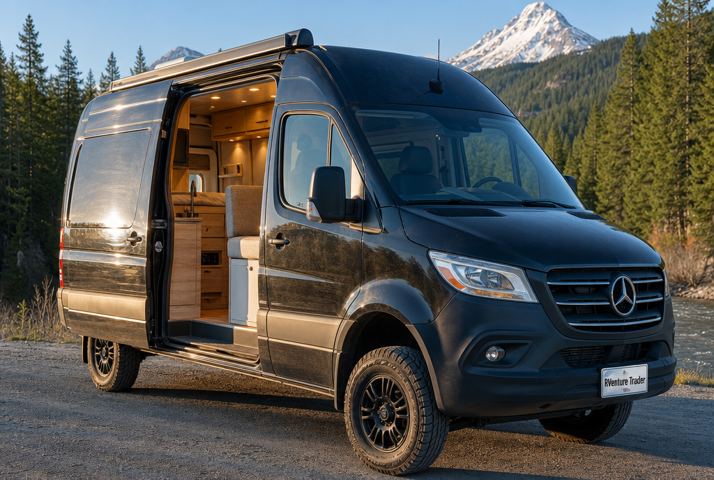 Mercedes-Benz Sprinter camper van parked at a scenic real-world location in the United States.