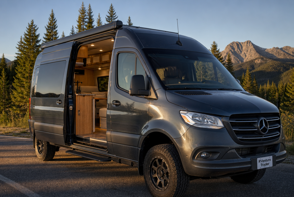 Mercedes-Benz Sprinter camper van parked at a scenic real-world location in the United States.
