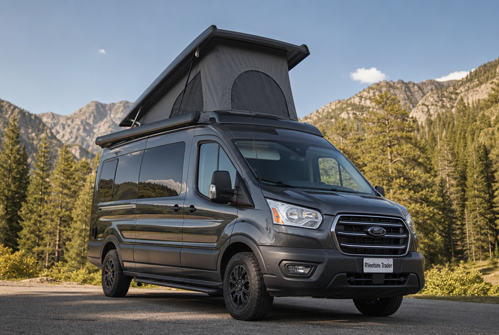 Ford Transit camper van with a professionally installed pop-top roof