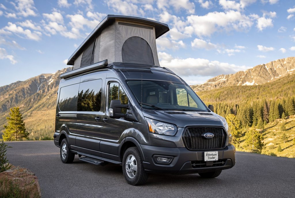 Ford Transit camper van with a professionally installed pop-top roof