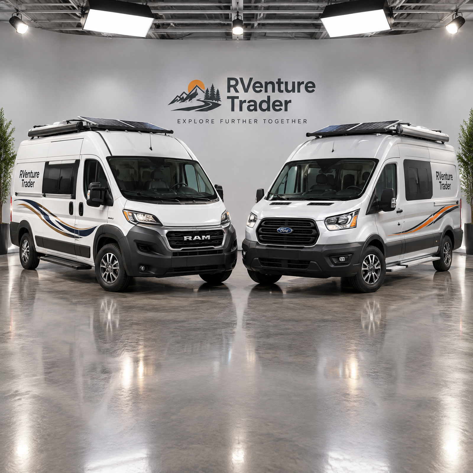 Ram Promaster and ford camper van in RVenture Trader studio