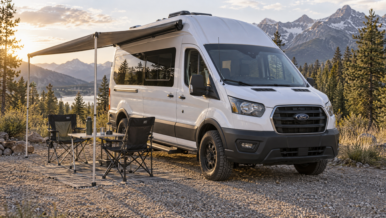 Ford Transit camper van parked at a mountain campsite