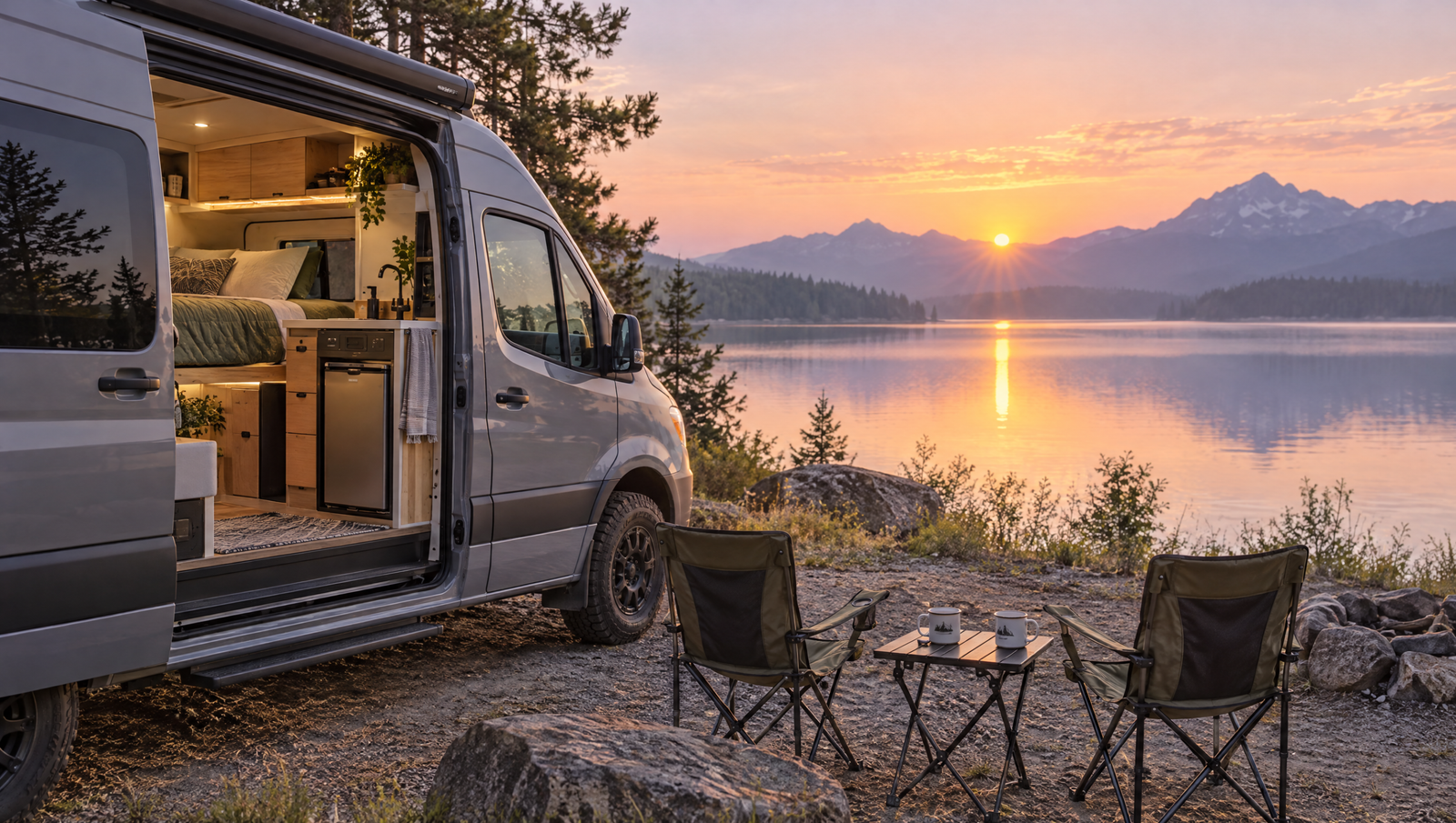 Camper van for two people parked by a lake at sunrise