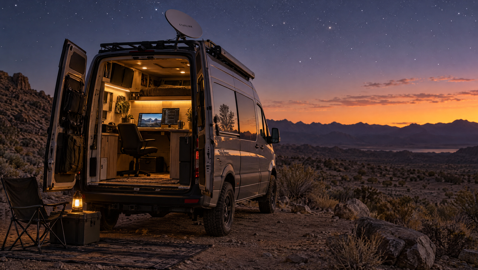Camper van with a Starlink dish set up as a mobile office