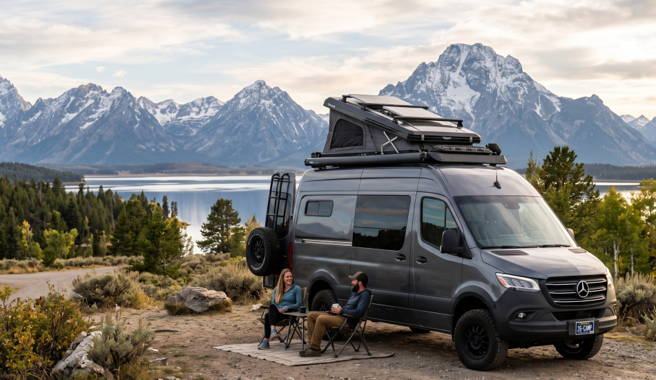 A couple camping in Mercedes campervan