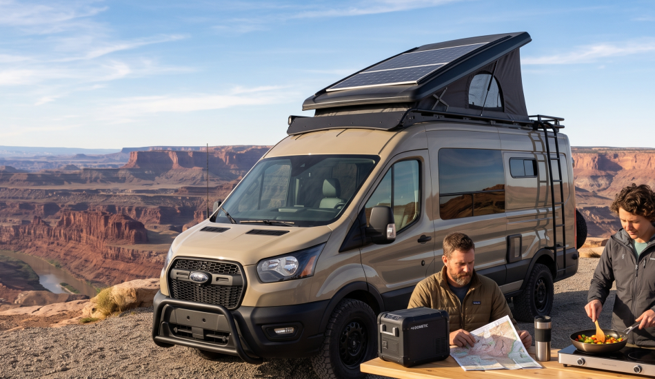 A couple camping in Ford transit campervan