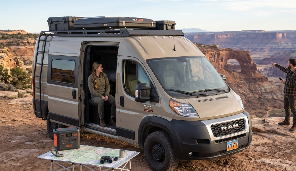 A couple camping in Ram ProMaster campervan