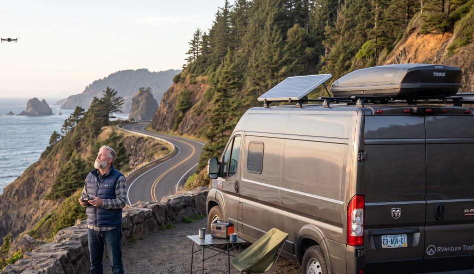 a man flying drone inside of a camper van