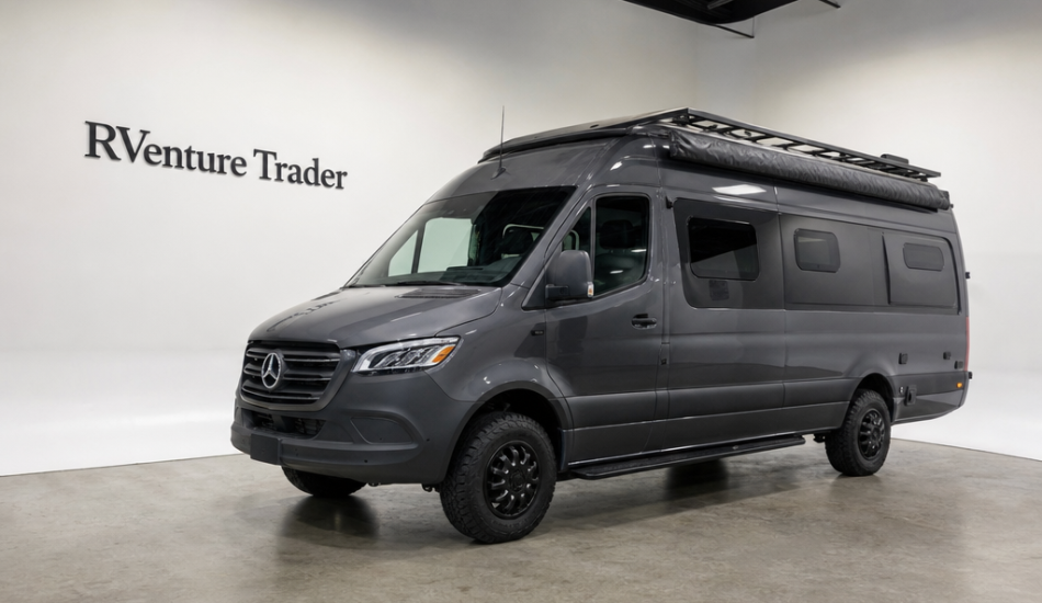 Mercedes-Benz Sprinter camper van displayed inside a premium indoor photography studio.