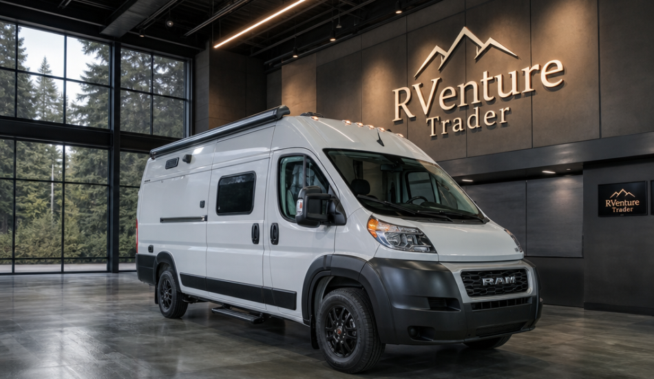 Ram ProMaster camper van displayed inside a premium indoor photography studio.
