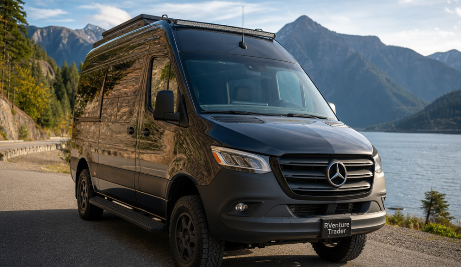 Mercedes-Benz Sprinter camper van parked at a scenic real-world location in the United States.