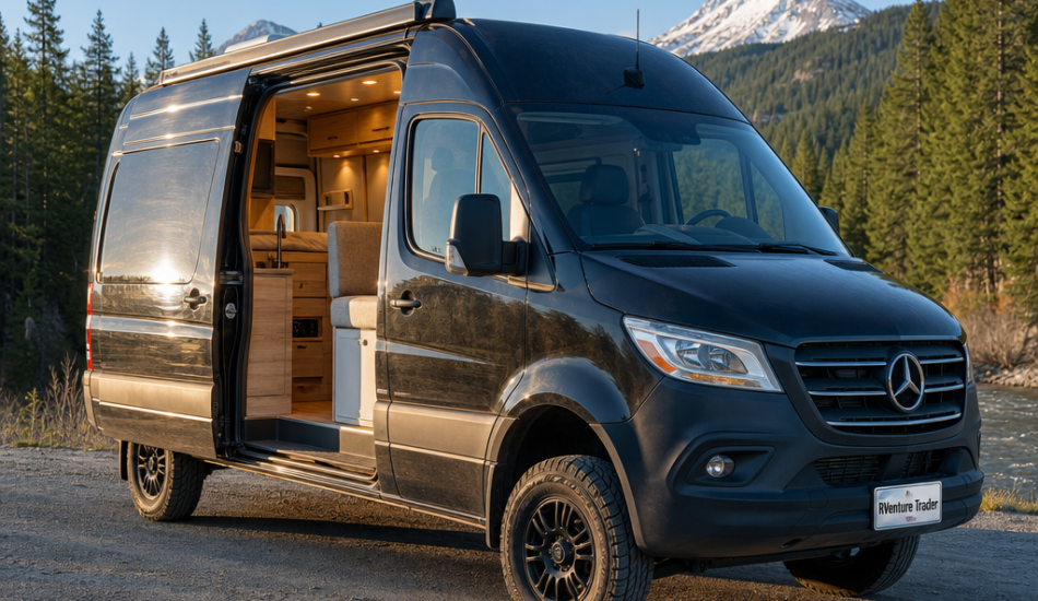 Mercedes-Benz Sprinter camper van parked at a scenic real-world location in the United States.