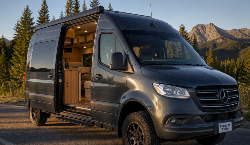 Mercedes-Benz Sprinter camper van parked at a scenic real-world location in the United States.