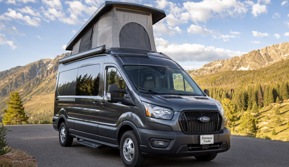 Ford Transit camper van with a professionally installed pop-top roof