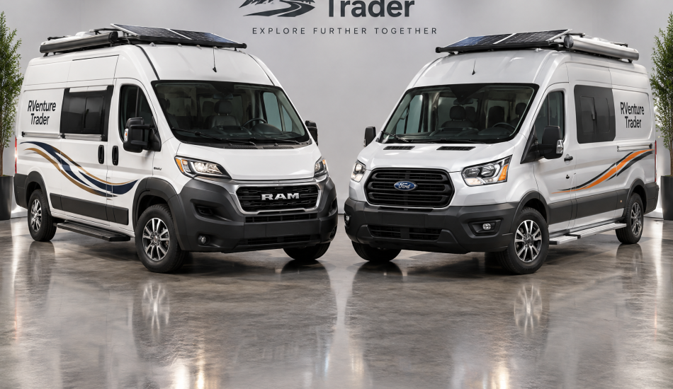 Ram Promaster and ford camper van in RVenture Trader studio