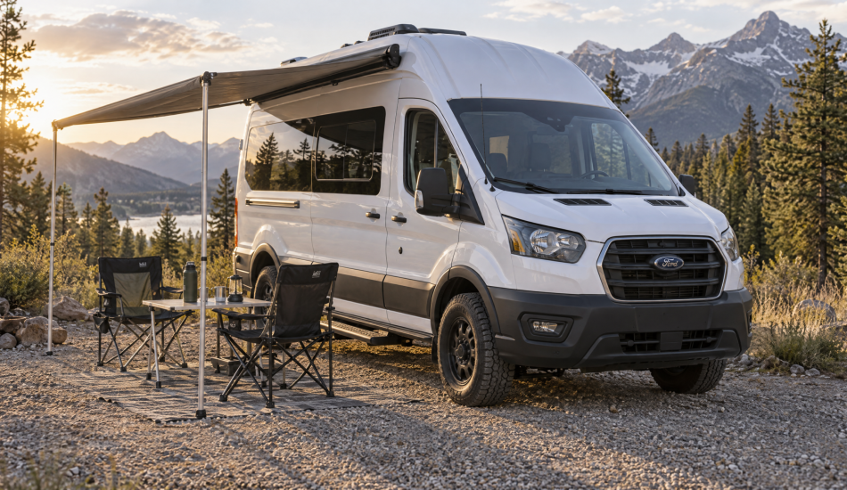 Ford Transit camper van parked at a mountain campsite