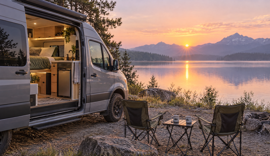Camper van for two people parked by a lake at sunrise