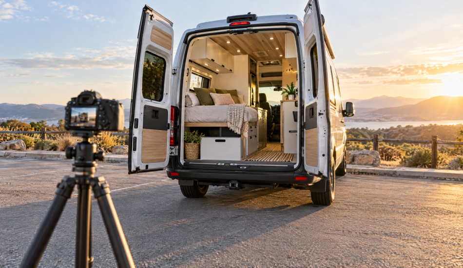 Camper van prepared and photographed for a sale listing