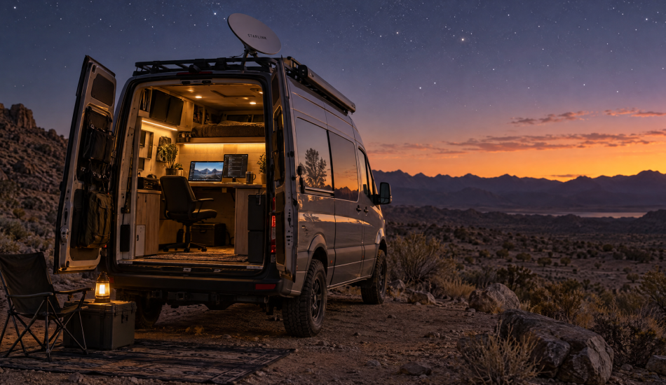 Camper van with a Starlink dish set up as a mobile office