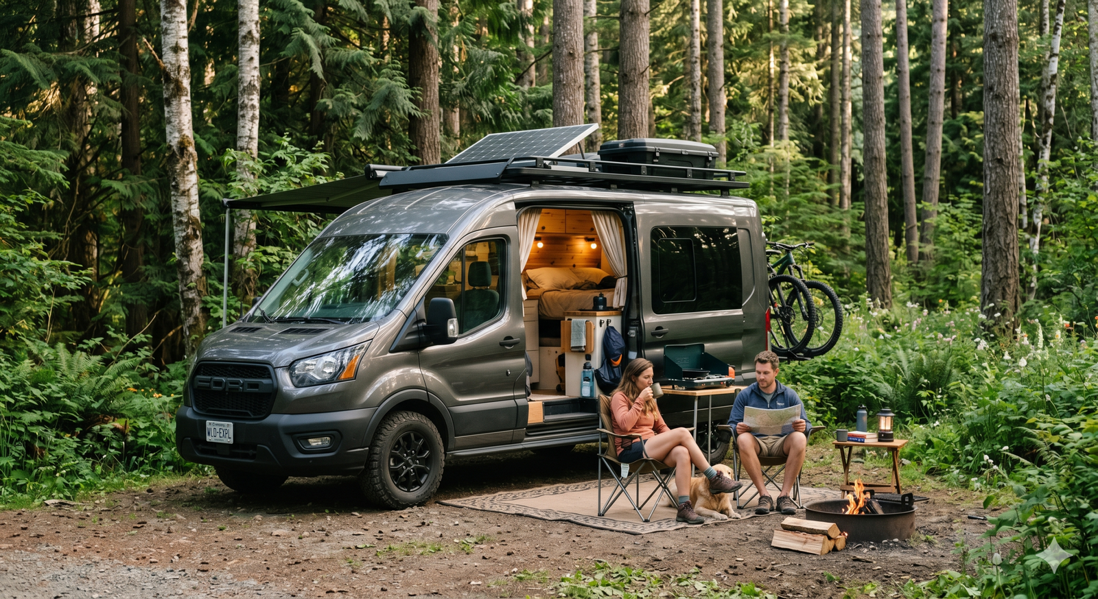 Camper van set up for two people, with the rear doors open to a fixed double bed at a remote campsite