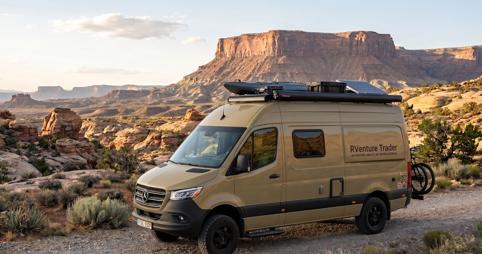 Long wheelbase van interior with a fixed queen bed and full kitchen
